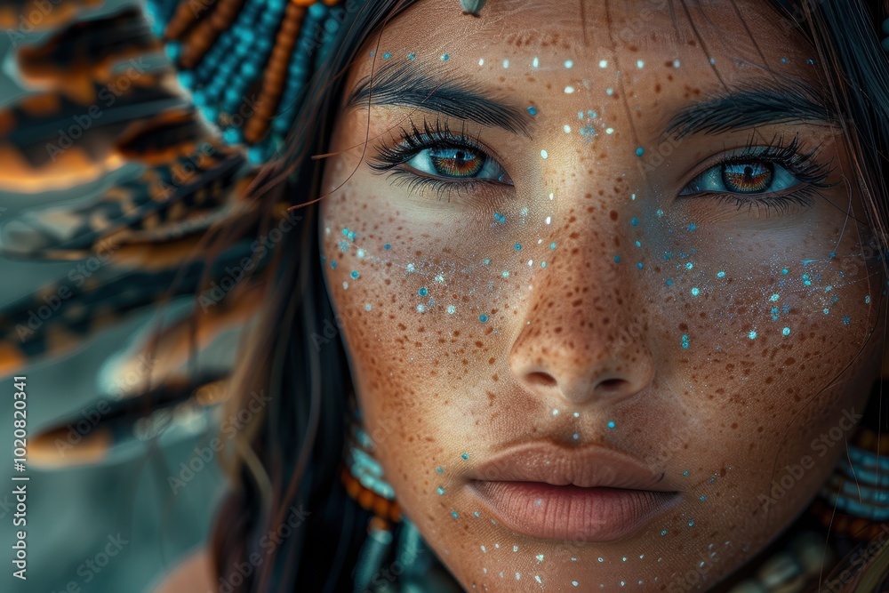 A close-up portrait of a young woman adorned with colorful feathers and vibrant facial decorations, showcasing intricate patterns on her skin, This image can be used in fashion, beauty A close-up portrait of a young woman adorned with colorful feathers and vibrant facial decorations, showcasing intricate patterns on her skin, This image can be used in fashion, beauty