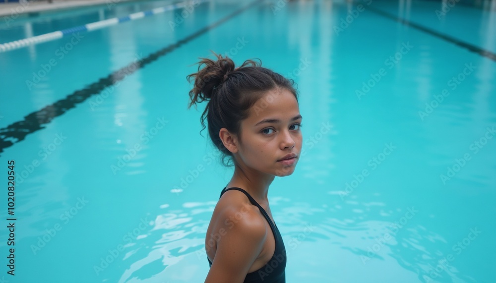 Young girl swimmer budding determined athlete against the background of bright blue pool water