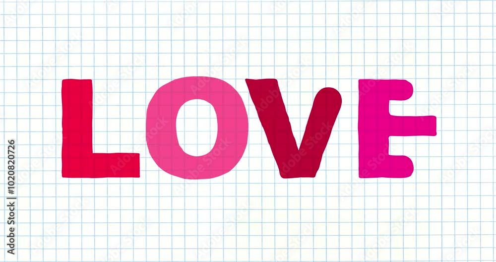 LOVE letters big forming cartoon animation grid horizontal. Crazy doodle motion design style single letters exercise book light grid. February valentine good for intro background.