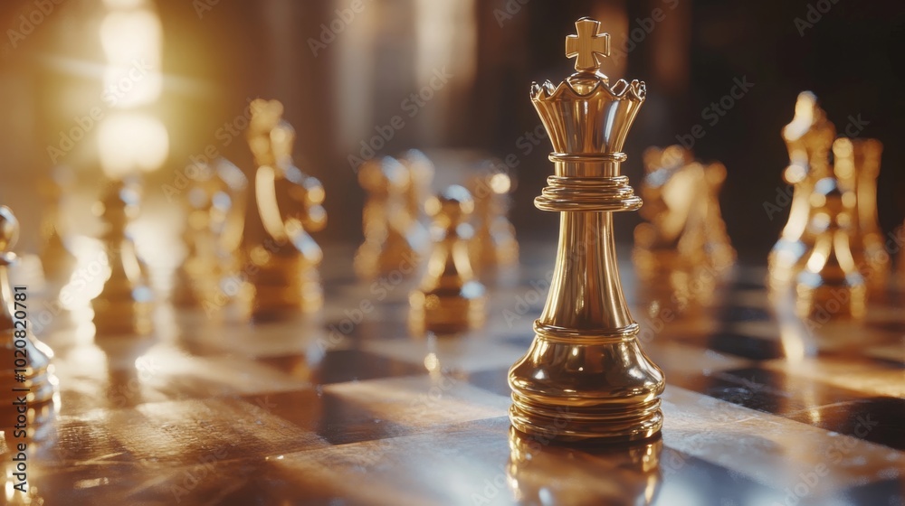 A close-up of a golden chess king surrounded by pieces, illuminated by warm lighting, sparking a sense of strategy and competition. A close-up of a golden chess king surrounded by pieces, illuminated by warm lighting, sparking a sense of strategy and competition.