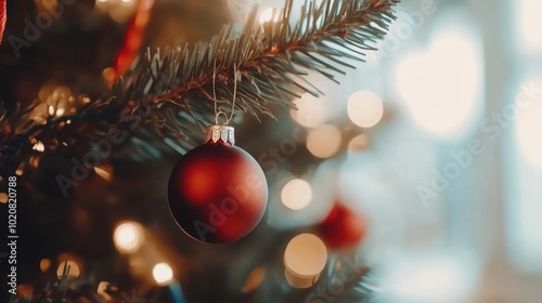 A red ornament hanging from a christmas tree