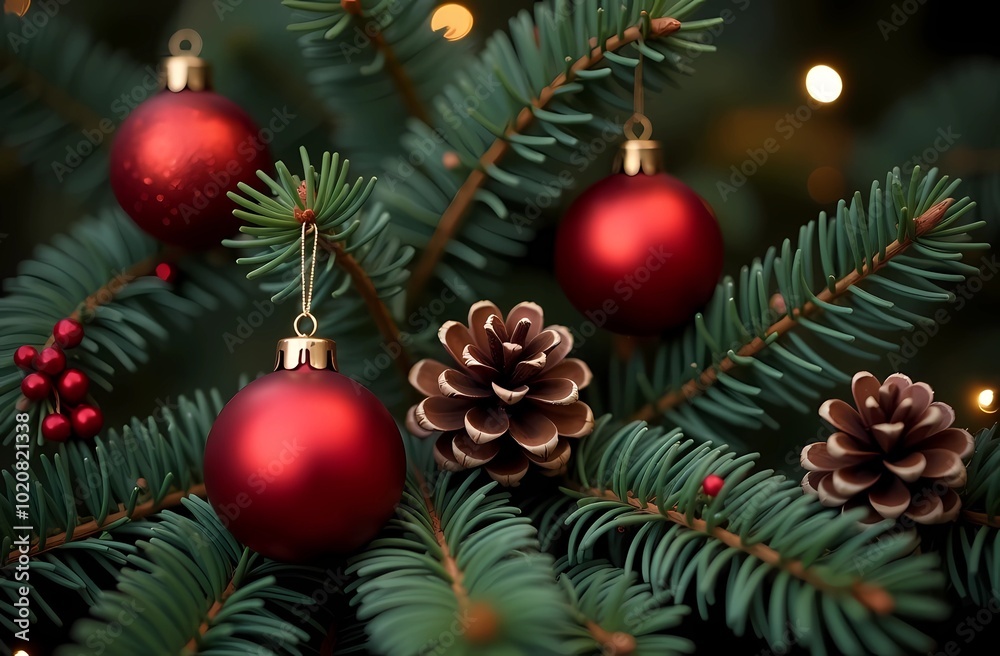 Fototapeta premium Pine branch with Christmas toys. Holiday mood