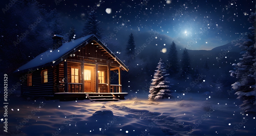 Fototapeta premium Wooden Cabin in a Tranquil Snowy Night_089