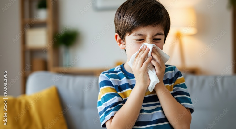 Sick boy blowing his nose on tissue paper Sick boy blowing his nose on tissue paper