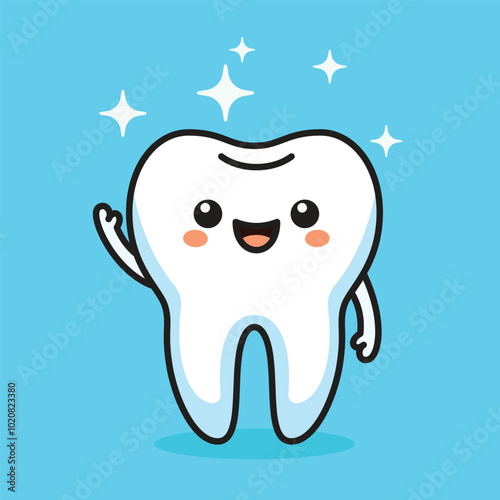 Clean white tooth with a smiling face and shining stars on a blue background, icon for dentistry.