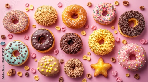 Assortment of colorful glazed donuts with sprinkles on pink background.