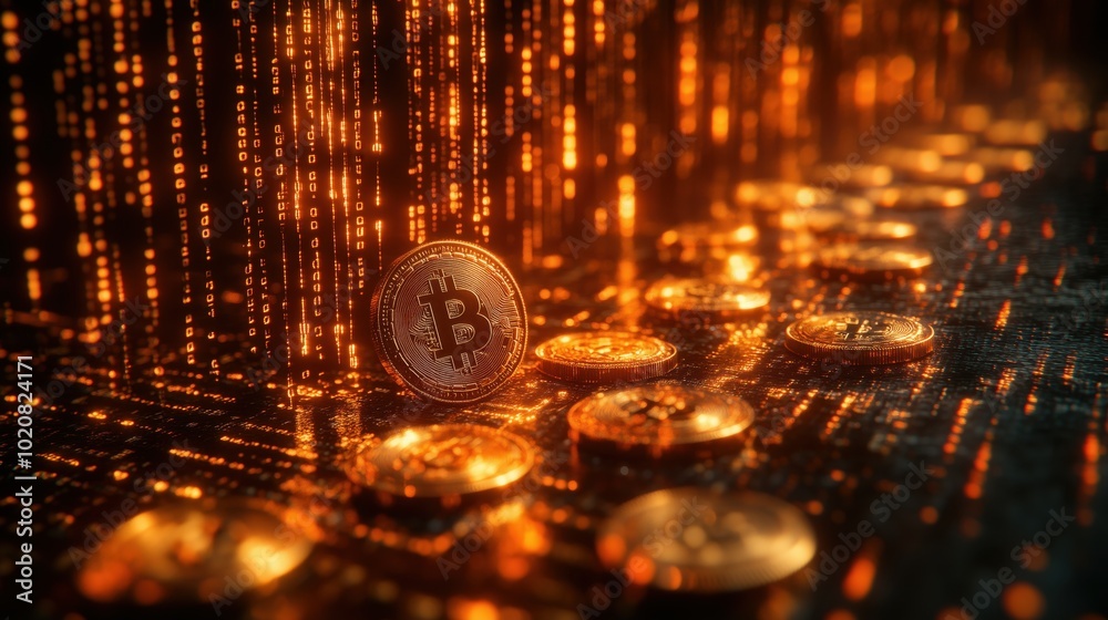 A stack of bitcoins on a glowing digital surface, representing cryptocurrency investments and digital assets.