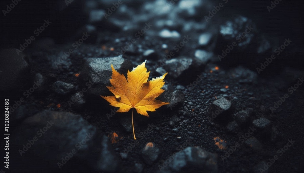 A yellow maple leaf rests on a dark rocky surface. Autumn A yellow maple leaf rests on a dark rocky surface. Autumn