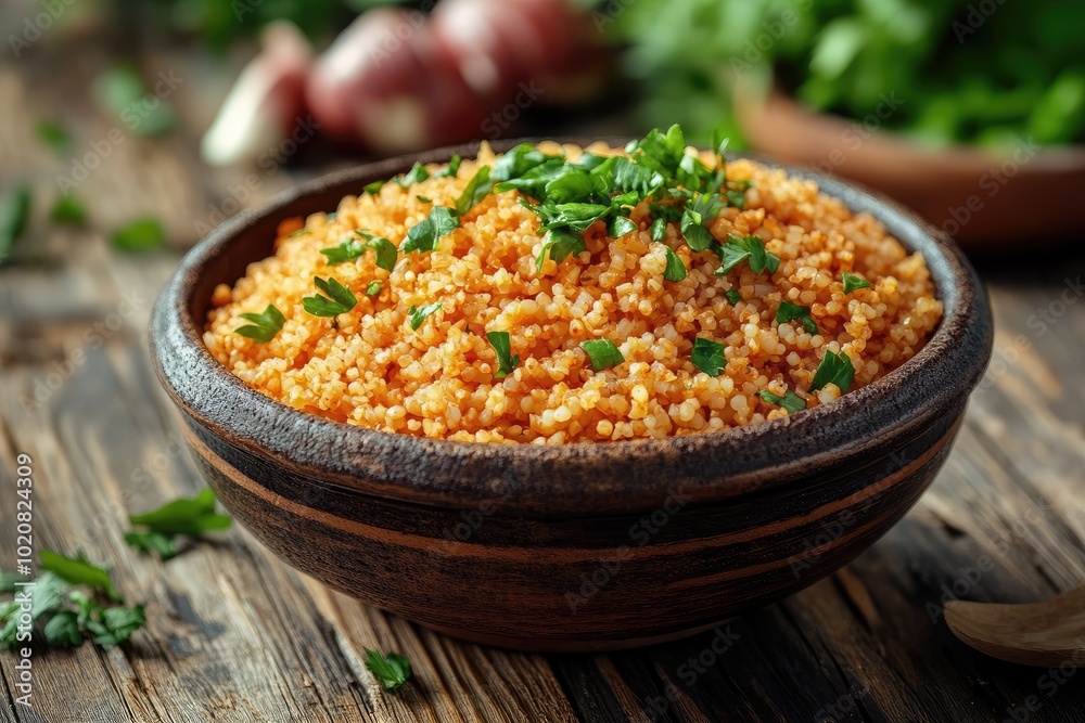 Steaming bowl of fresh cooked couscous sitting on rustic wooden table Steaming bowl of fresh cooked couscous sitting on rustic wooden table