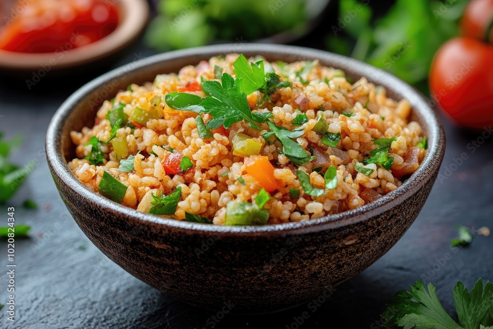 Traditional turkish bulgur rice pilaf with vegetables in bowl Traditional turkish bulgur rice pilaf with vegetables in bowl