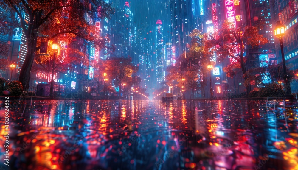 Obraz premium Rain-slicked city street at night with vibrant neon signs and reflections.