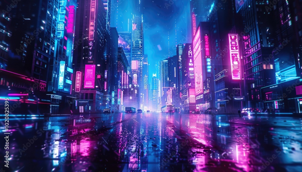 Obraz premium Neon-Lit City Street with Reflections in Puddles