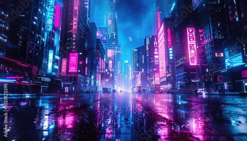 Wallpaper Mural Neon-Lit City Street with Reflections in Puddles Torontodigital.ca