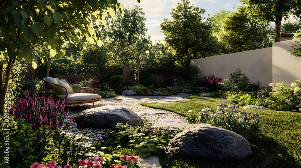 Garden view with lawn and planting. Garden view with lawn and planting.