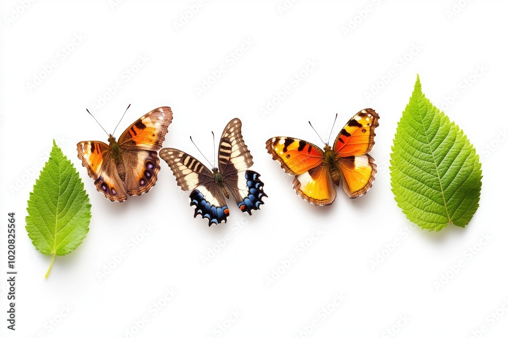 Obraz premium Three colorful butterflies flying near green leaves on white background