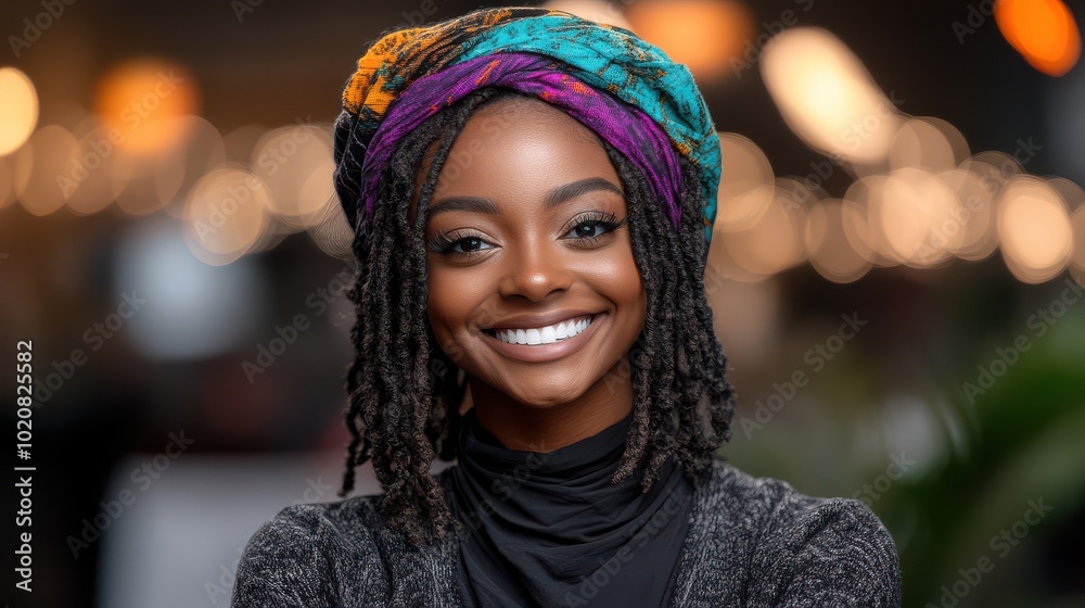 Smiling African Woman with Colorful Headscarf and Locs Smiling African Woman with Colorful Headscarf and Locs