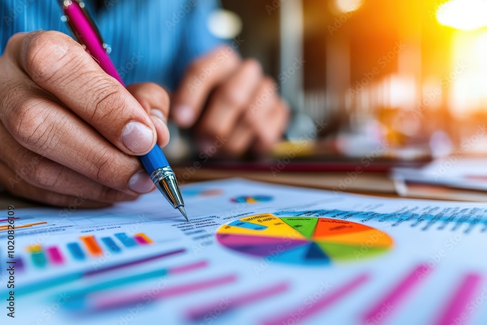 A hand holds a pen over colorful data charts, illustrating business analysis and planning as sunlight infuses the workspace with energy and determination. A hand holds a pen over colorful data charts, illustrating business analysis and planning as sunlight infuses the workspace with energy and determination.