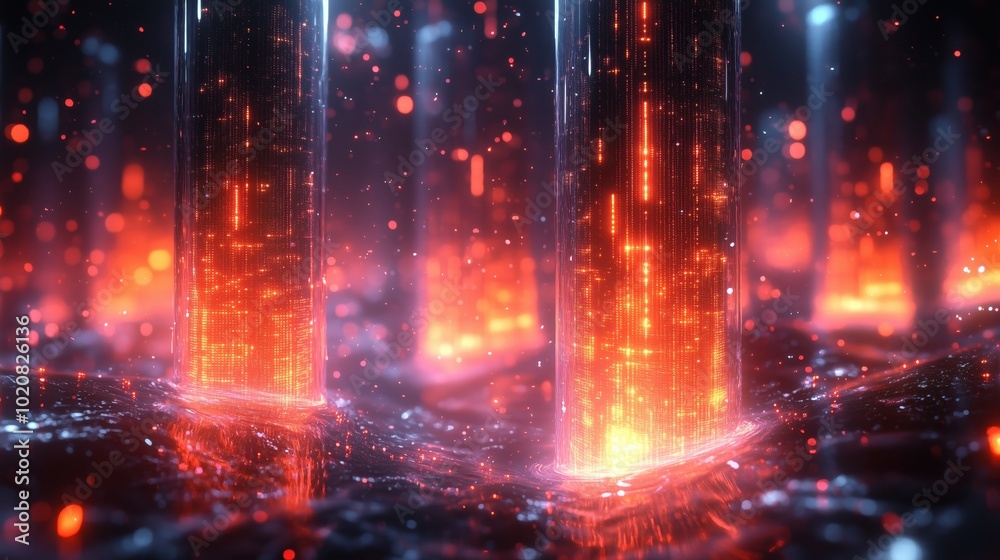 Glowing futuristic data pillars emerging from a dark liquid surface, illuminated with orange and red lights. Glowing futuristic data pillars emerging from a dark liquid surface, illuminated with orange and red lights.