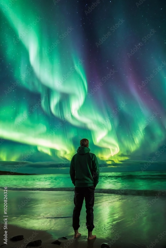 Back view of a man on the beach watching the beautiful green northern lights on the sky with copy space. Vertical Background Photo. Back view of a man on the beach watching the beautiful green northern lights on the sky with copy space. Vertical Background Photo.