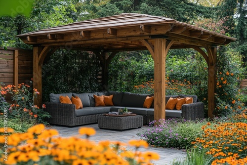 Wooden gazebo providing shelter from the sun in lush garden photo