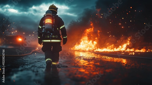 Firefighter Walking Towards a Blaze in the Night