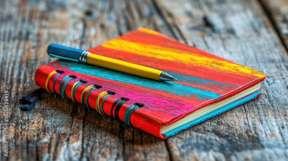 Fototapeta premium Colorful Notebook with Yellow Pen on Wooden Surface