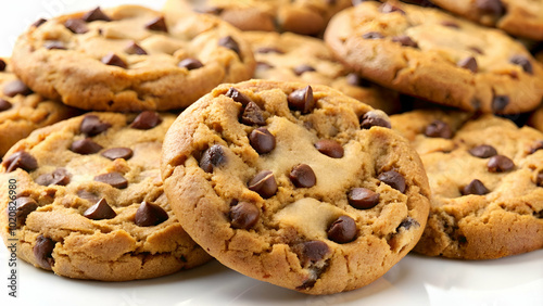 A close-up view of several chocolate chip cookies, displayed against a plain white background to emphasize their texture and details