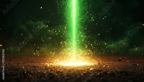 Green laser beam emitting from the ground with sparkling effects.