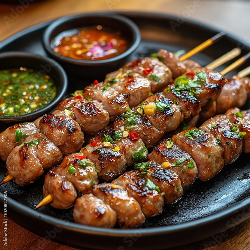 Savor deliciousness of grilled pork skewers, perfectly charred and garnished with fresh herbs. Served with vibrant dipping sauces, this dish is feast for senses