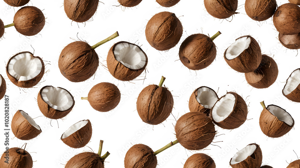 Coconuts with cracked coconut fruit piece. AI generated image, ai. Coconuts with cracked coconut fruit piece. AI generated image, ai.