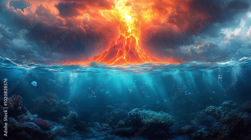 Obraz premium A volcano is erupting in the ocean. The water is blue and the sky is cloudy. There are fish swimming in the water
