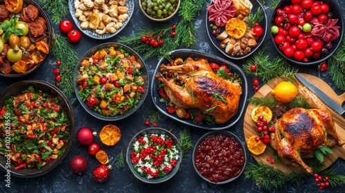 Festive Christmas feast with roasted turkey and traditional dishes photo