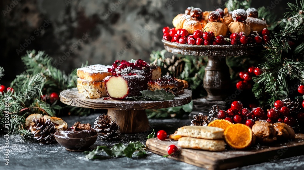 Christmas desserts with cranberries and festive decorations Christmas desserts with cranberries and festive decorations