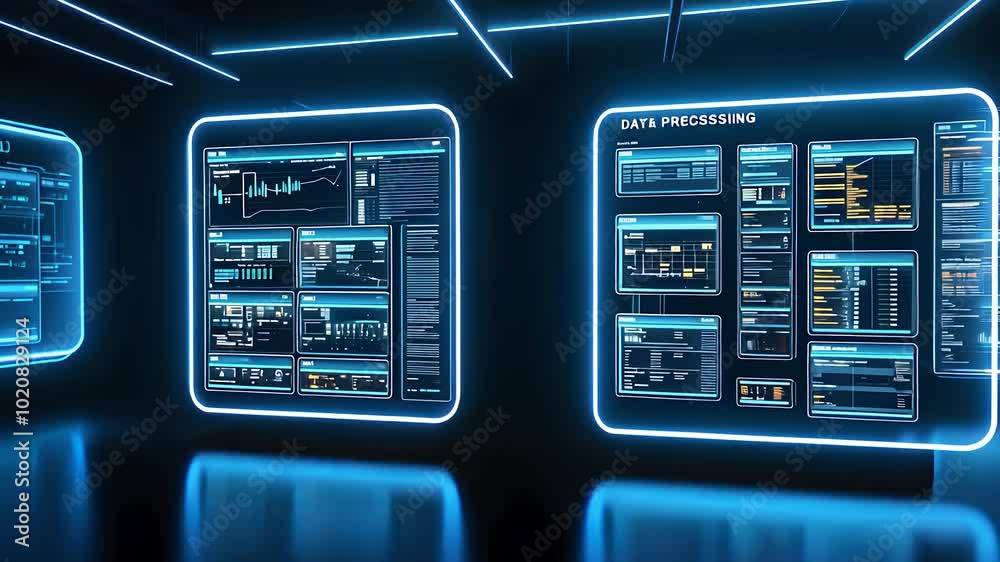 Futuristic Data Processing Room with Digital Screens
Futuristic Data Processing Room with Digital Screens