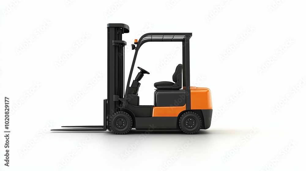 Side View of an Orange and Black Forklift on a White Background