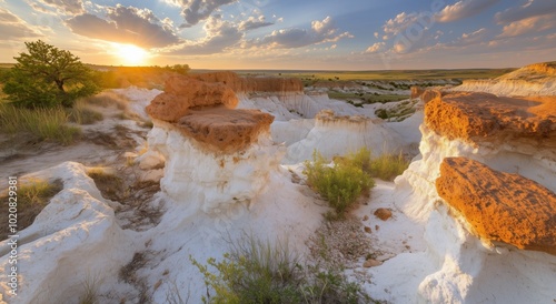 A rocky hillside with a white rock formation. The sun is setting in the background. There are some trees in the foreground