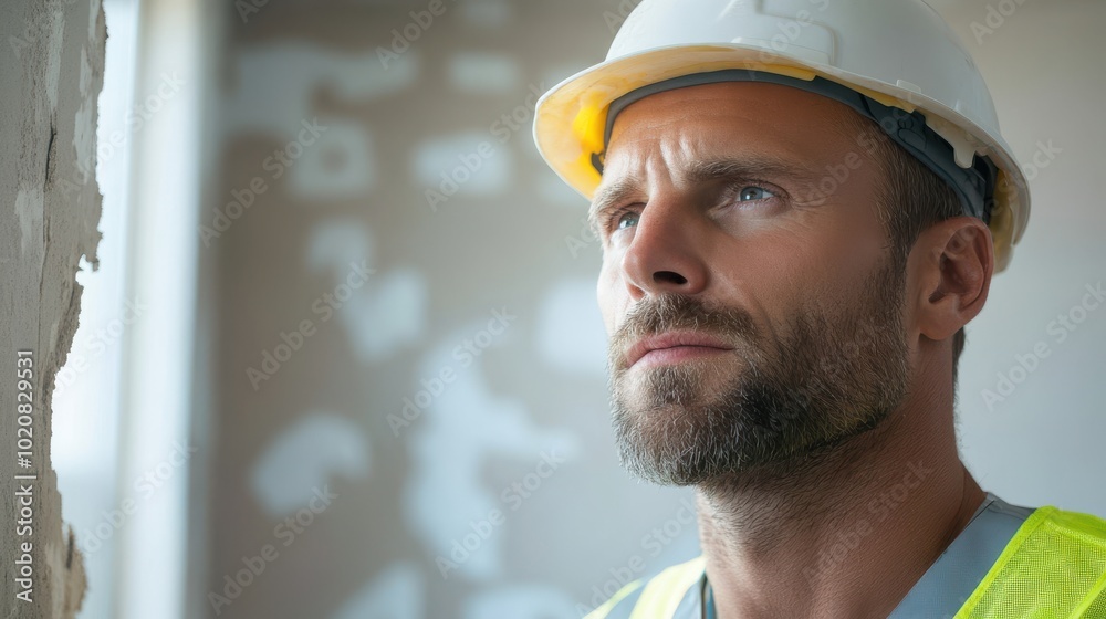 A man in a yellow vest and a hard hat is looking at the camera A man in a yellow vest and a hard hat is looking at the camera