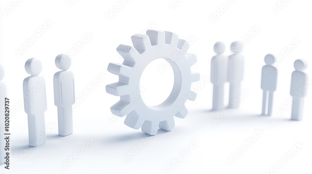 A group of people are standing around a large gear A group of people are standing around a large gear