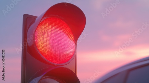 A red traffic light is lit up in the evening photo