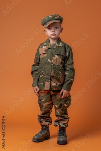 Cute child in the Army profession in his Army Clothes on a color background. Space for text