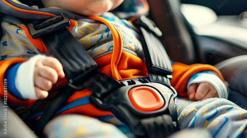 A baby is strapped into a car seat. The straps are orange and black. The baby is wearing a gray and blue outfit A baby is strapped into a car seat. The straps are orange and black. The baby is wearing a gray and blue outfit