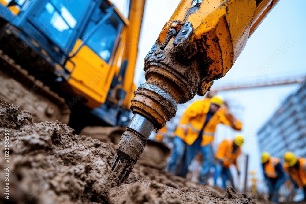 Fototapeta premium An industrial drill is shown in a close-up view as it operates in muddy ground, with construction workers and machinery visible in the background.