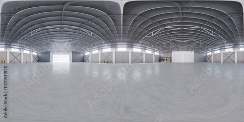 Full spherical hdri panorama 360 degrees of empty exhibition space. backdrop for exhibitions and events. Tile floor. Marketing mock up. 3D render illustration	