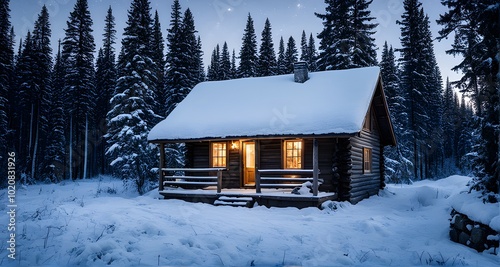 Cozy Cabin Nestled in a Snow-Covered Pine Forest_046