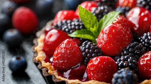 Close-up of a Fruit Tart with Strawberries, Blackberries, and Mint