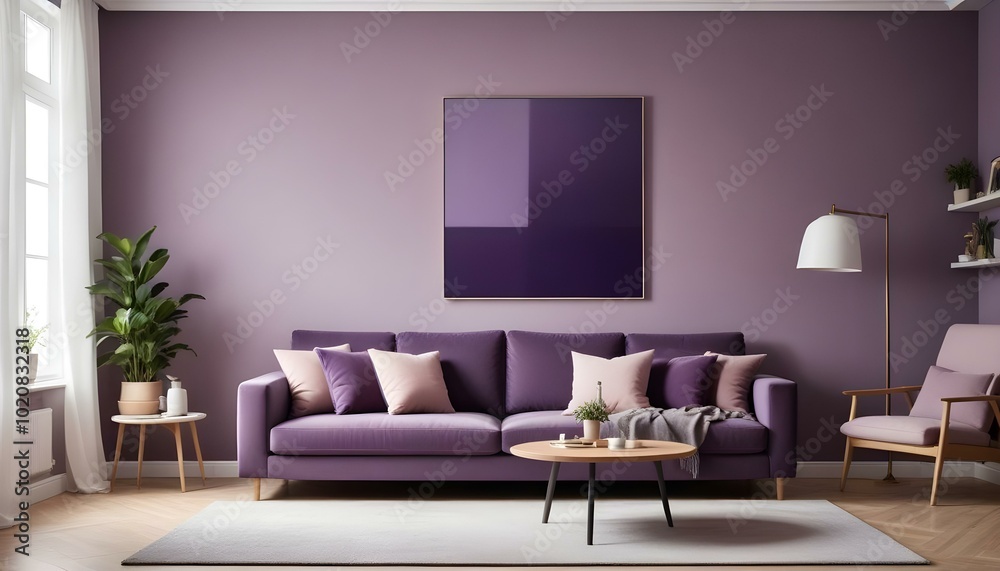 Purple contemporary living room interior design with artwork on walls Purple contemporary living room interior design with artwork on walls