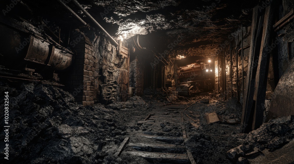Fototapeta premium A Mining Machine in a Dark and Dusty Tunnel