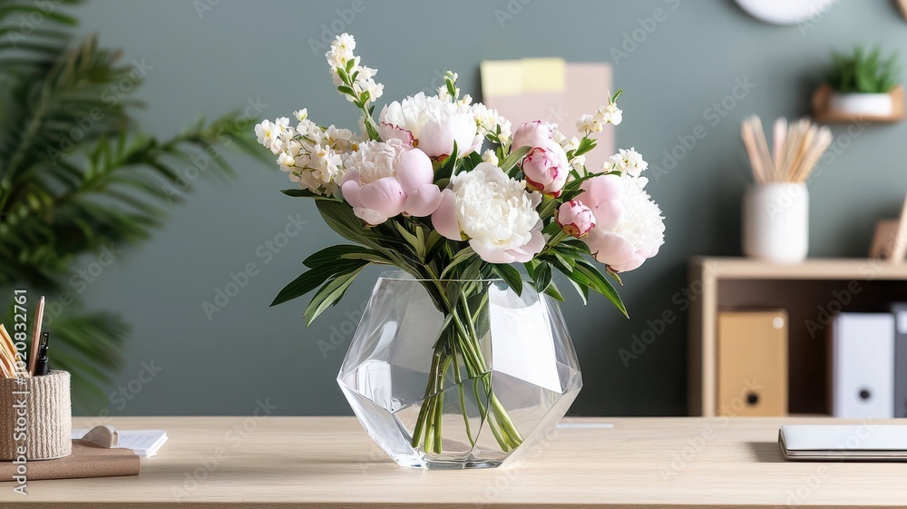 Beautiful flower bouquet in a geometric vase on a wooden desk against a green wall. Beautiful flower bouquet in a geometric vase on a wooden desk against a green wall.