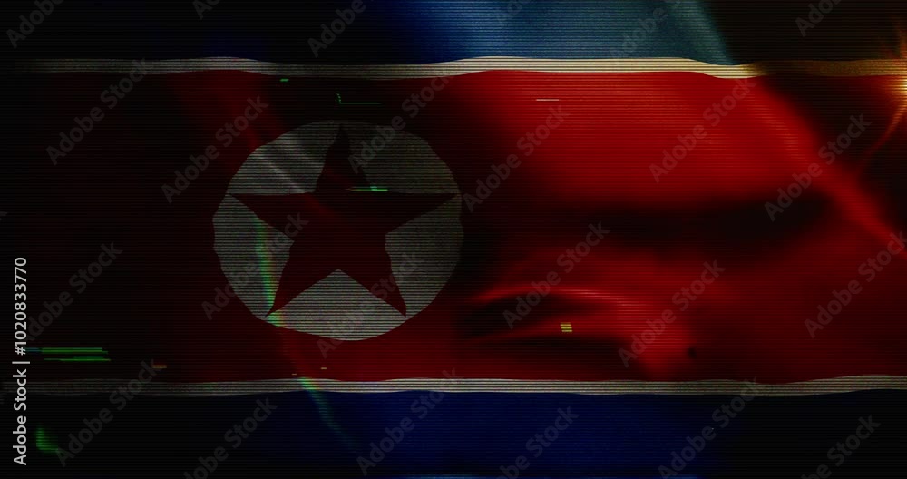 North Korea flag waving with glitch noise. Korean blowing banner seamless and looped concept animation.