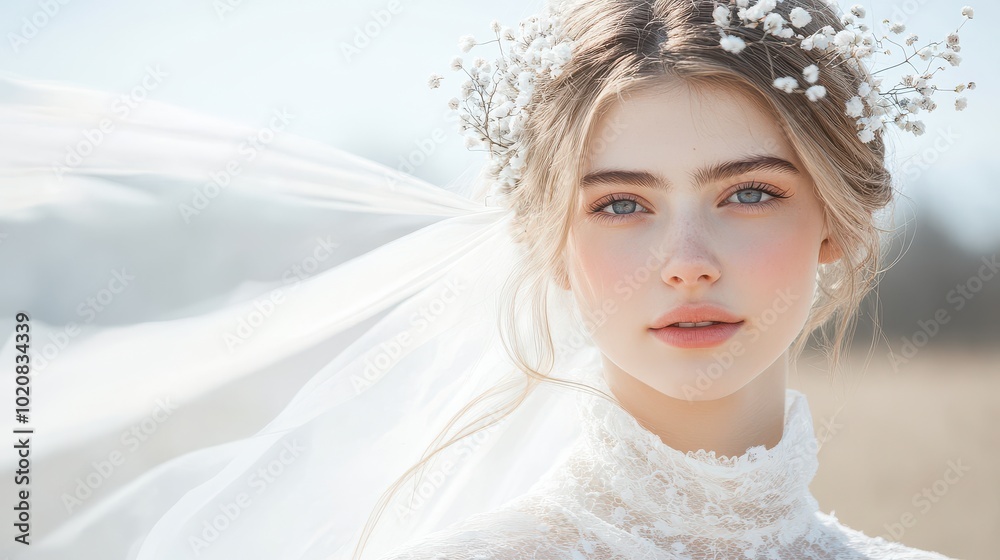 Romantic bride in a lace dress with floral accents and flowing veil outdoors Romantic bride in a lace dress with floral accents and flowing veil outdoors